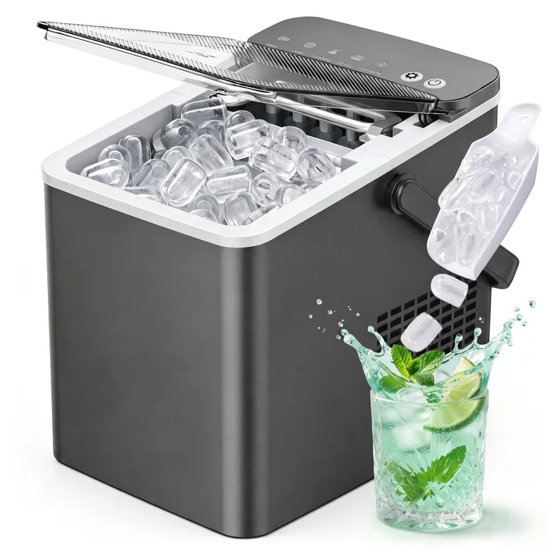 EUHOMY Countertop Ice Maker with Handle, 26 lbs/Day Portable Ice Machine, 9 Bullet Cubes in 6 Minutes, 2 Ice Sizes, Self-Cleaning, 1.1L Water Tank