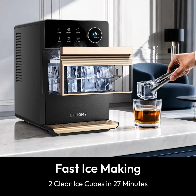 EUHOMY Countertop Clear Ice Maker, 2-Inch Large Ice Cubes, APP Control, 2 Modes, Self-Cleaning, Black