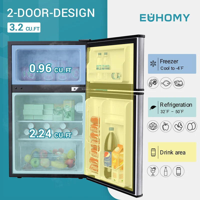EUHOMY Mini Fridge with Freezer, 3.2 Cu.Ft Mini Refrigerator, Dorm Fridge with 2 Door For Bedroom/Apartment/Office-Food Storage Cooling Drink, Black