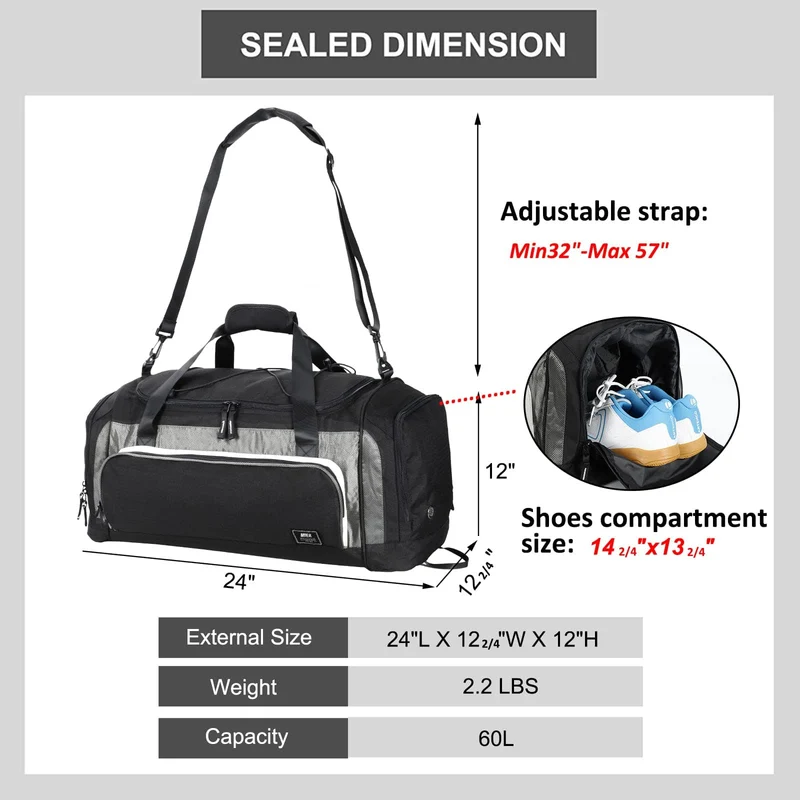 Large Sports Gym Bag Duffel Bag with Shoe Compartment