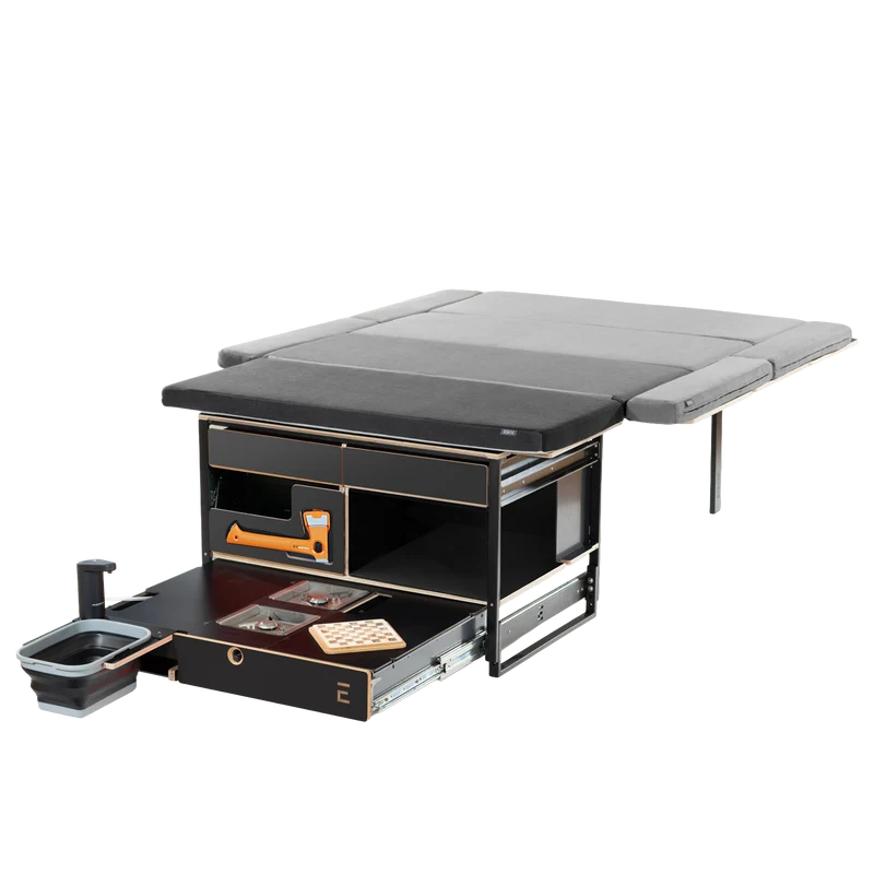 EGOE Nestbox L Komplettset – Große Campingbox mit Küche, 4 Schubladen & Kühlschrank-Platz