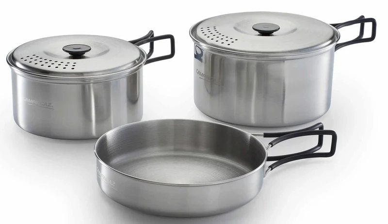 Campingaz Camping-Geschirrset aus Edelstahl | 2 Töpfe mit Deckel & 1 Pfanne