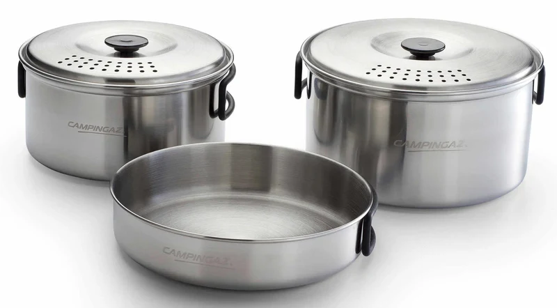 Campingaz Camping-Geschirrset aus Edelstahl | 2 Töpfe mit Deckel & 1 Pfanne