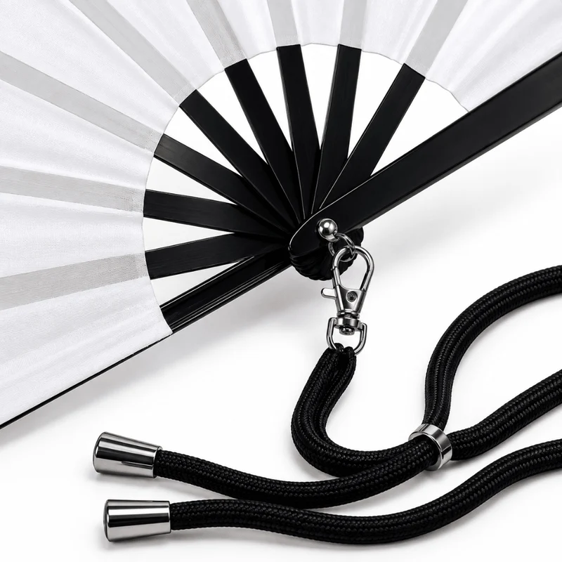 Großer Fächer 60 cm Weiß mit Umhängeband in Schwarz