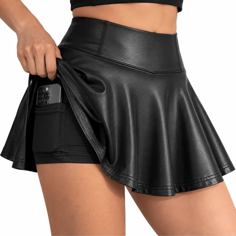 Skort High Waist Faux Leather Black