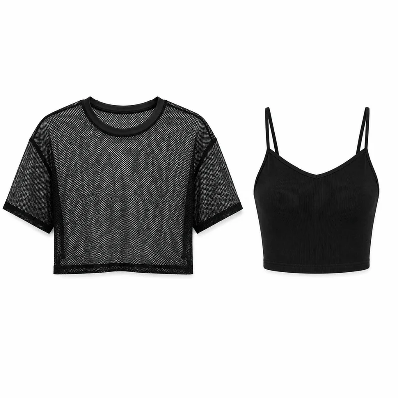 Mesh Crop Top Set Schwarz 2-teilig