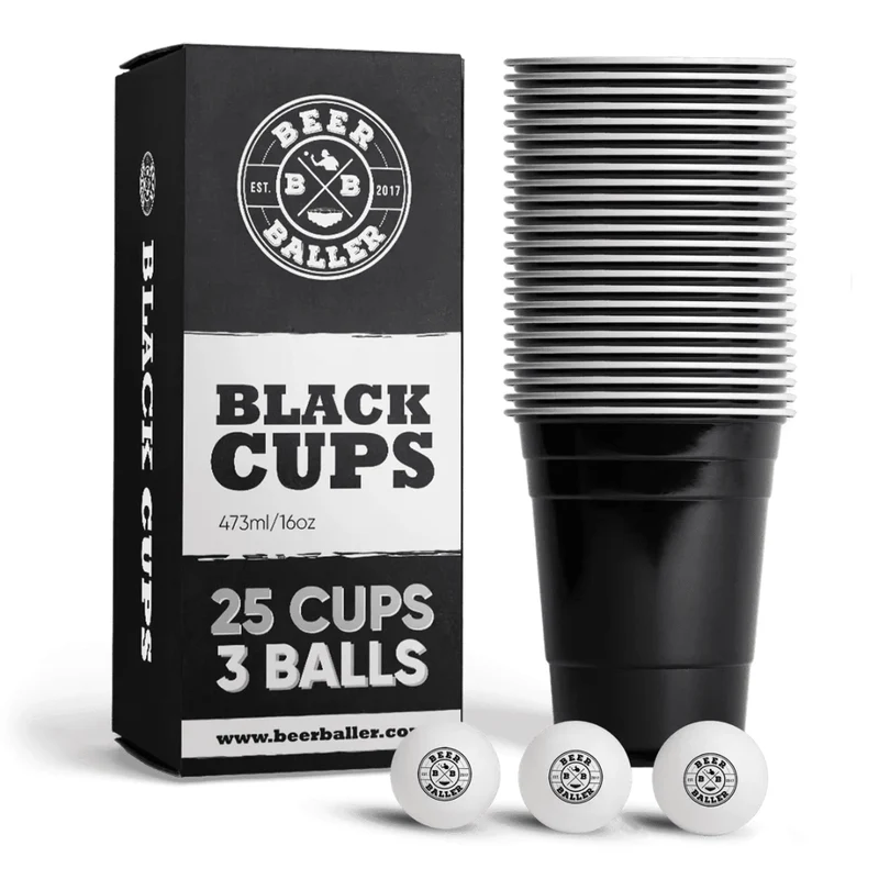 Beer Pong Becher Set Schwarz (25x inkl. 3 Bällen)