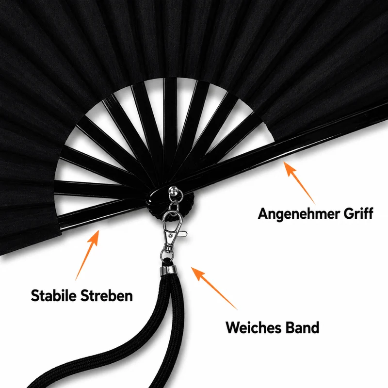 Großer Fächer 60 cm Schwarz mit Umhängeband
