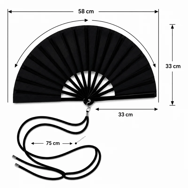 Großer Fächer 60 cm Schwarz mit Umhängeband