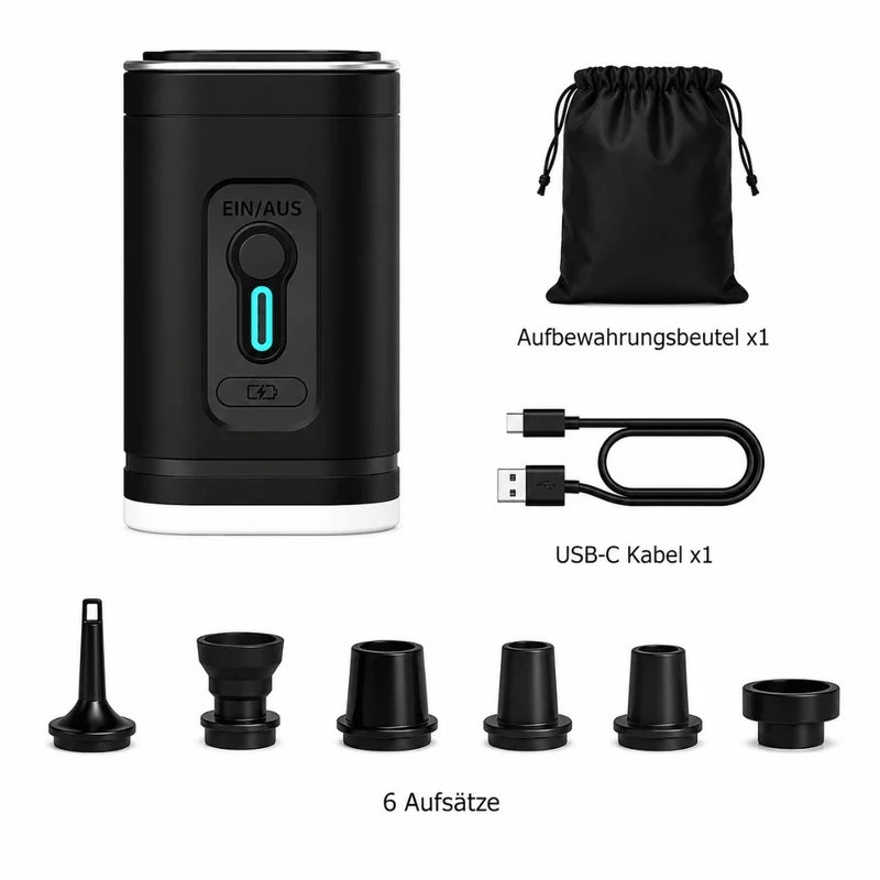 Mini Elektrische Luftpumpe mit LED Licht & Akku Schwarz
