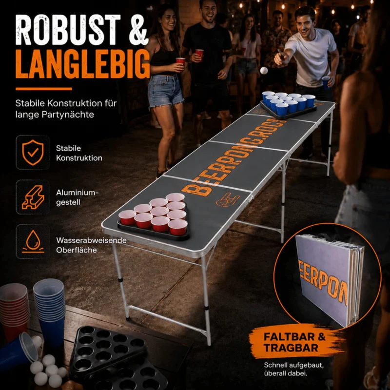Beer Pong Tisch Set Rocks – inkl. 60 Becher, 6 Bälle & 2 Racks