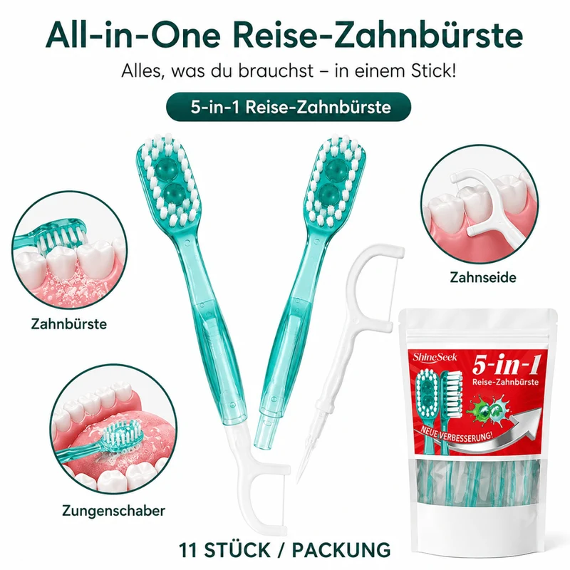 Reisezahnbürsten 5-in-1 mit Zahnseide Minze