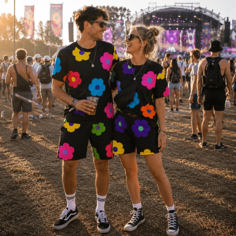 Festival Outfit Flower Pop Schwarz 2-teilig