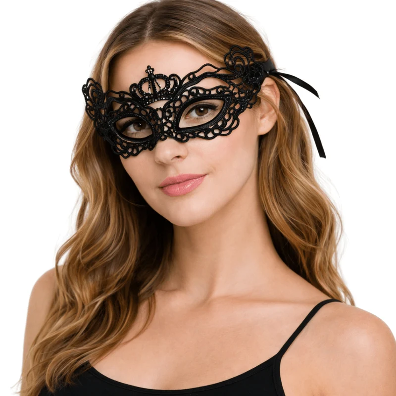 Venezianische Spitzenmaske Schwarz Crown