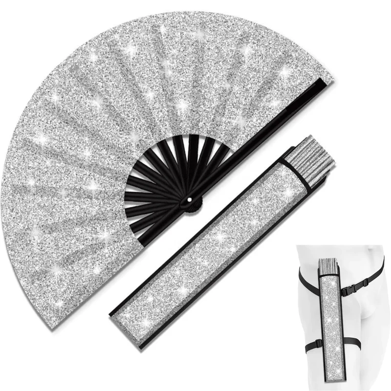 Großer Fächer 64 cm Glitter Silber mit Tasche