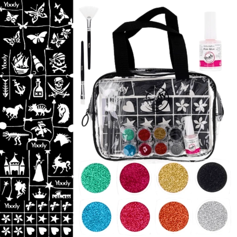 Party Set - Glitzertattooset mit 42 Schablonen & 8 Bioglitzer Farben