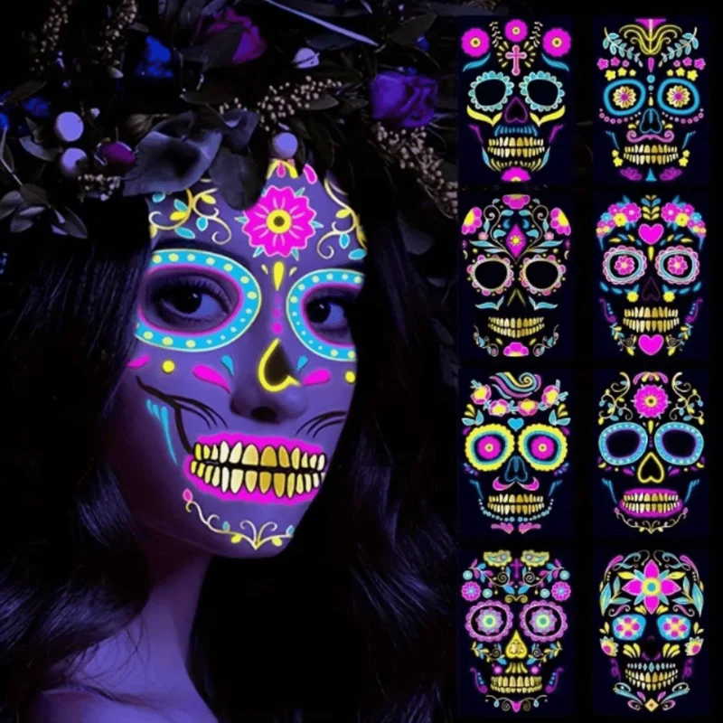 Neon-Zuckerschädel-Gesichtstattoos Aufkleber für Halloween