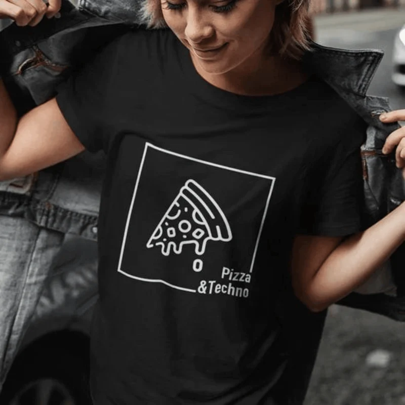 Pizza & Techno T-Shirt (schwarz oder weiß / Frauen)