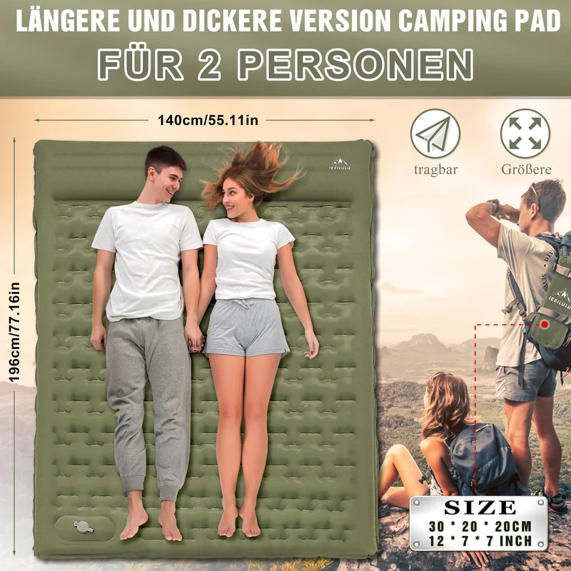 IEEILULU selbstaufblasende Camping Isomatte – 2 Personen 12cm Grün