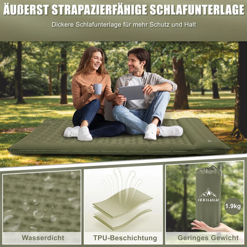 IEEILULU selbstaufblasende Camping Isomatte – 2 Personen 12cm Grün