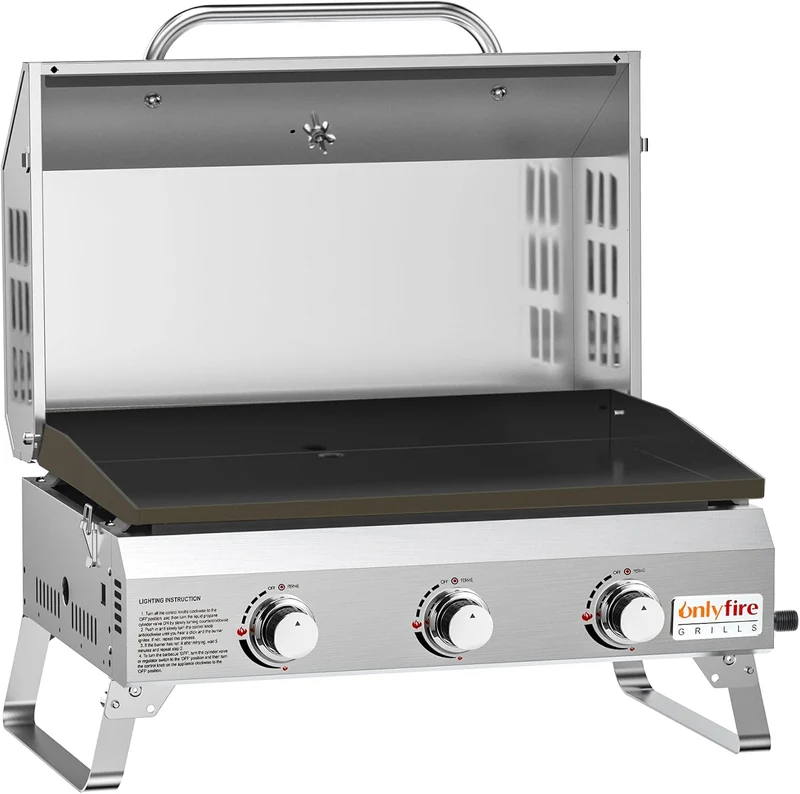 onlyfire Propangrills, 57 × 36 cm, klappbar, aus Edelstahl und Stahl, für den Balkon und Camping, Silber/Schwarz