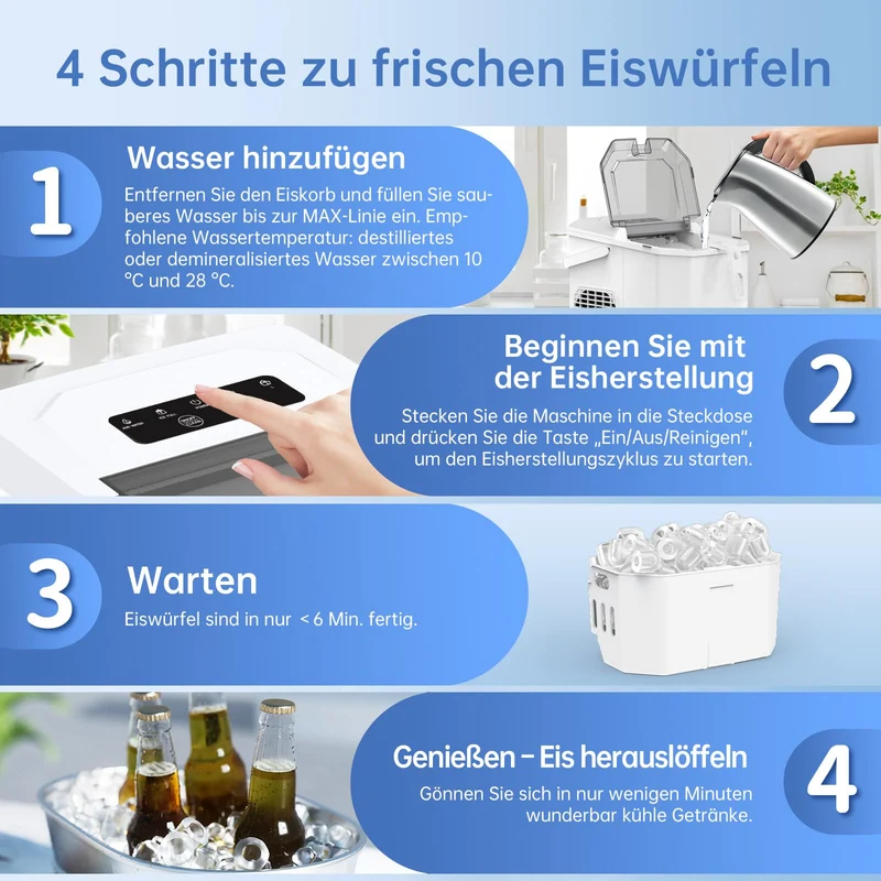 WIE Eiswürfelmaschine 12 kg, 9 Eiswürfel in 6 Minuten, Tragegriff