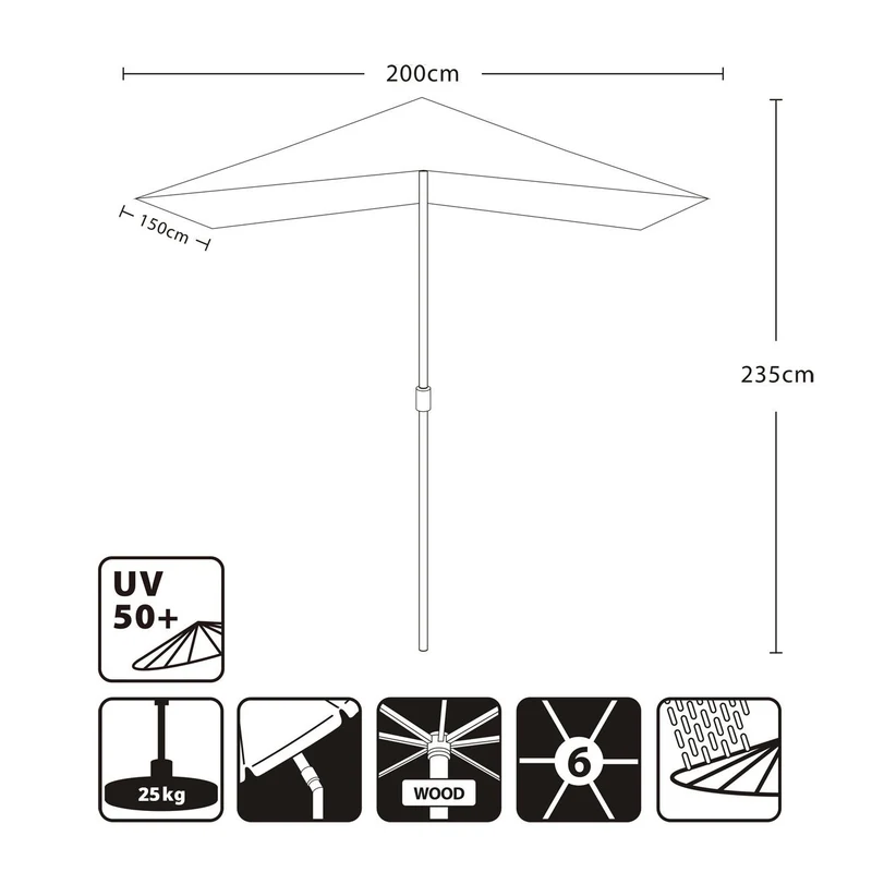Sekey Holz-Sonnenschirm 200 × 150 cm rechteckig knickbar UV50+ Creme