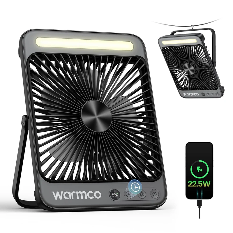 Warmco D4 Pro Campingventilator, Akku-Tischventilator mit Licht