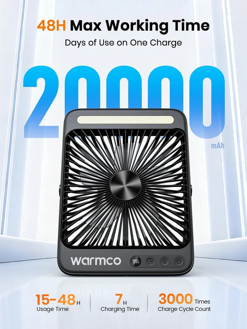 Warmco D4 Pro Campingventilator, Akku-Tischventilator mit Licht