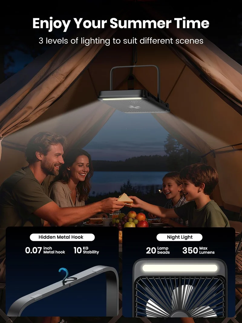 Warmco D4 Pro Campingventilator, Akku-Tischventilator mit Licht