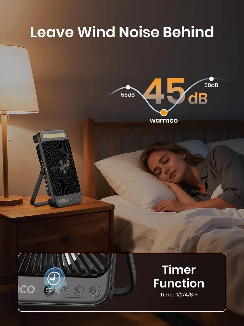 Warmco D4 Pro Campingventilator, Akku-Tischventilator mit Licht