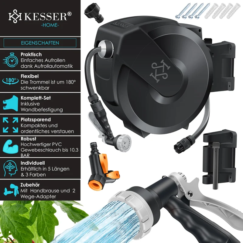 KESSER Schlauchtrommel mit 25 m Gartenschlauch, Wandmontage, 180°