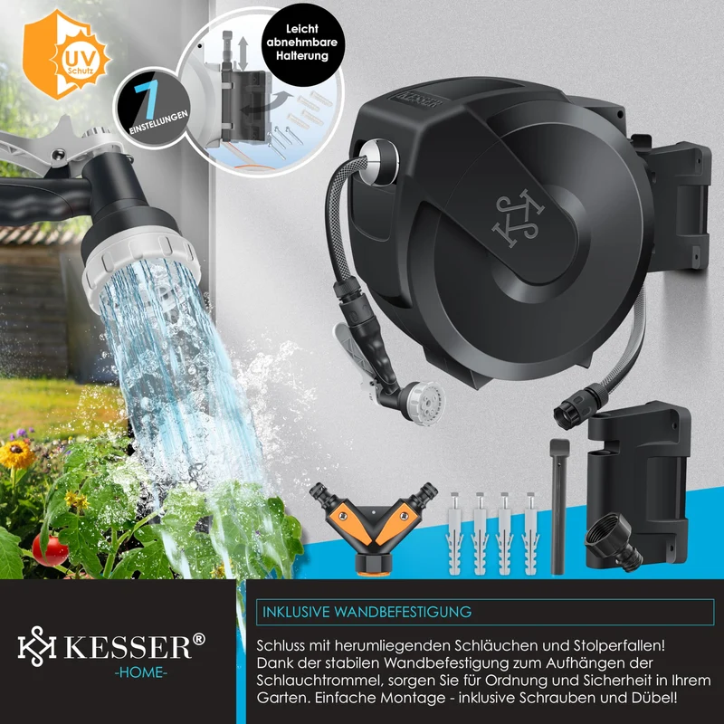 KESSER Schlauchtrommel mit 25 m Gartenschlauch, Wandmontage, 180°