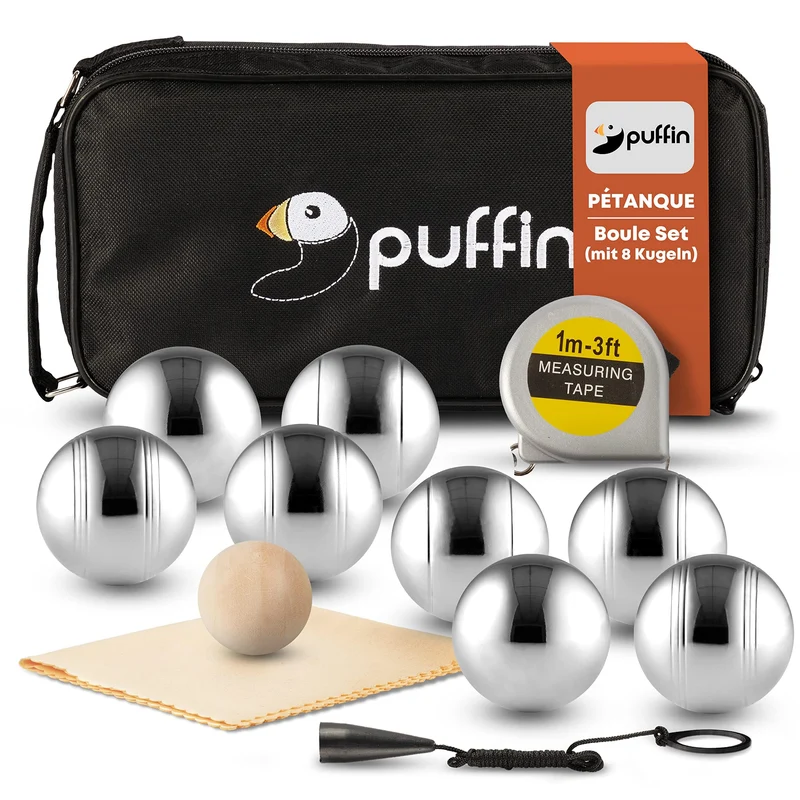 Puffin Boule Set – Petanque Spiel mit 8 Metall Kugeln