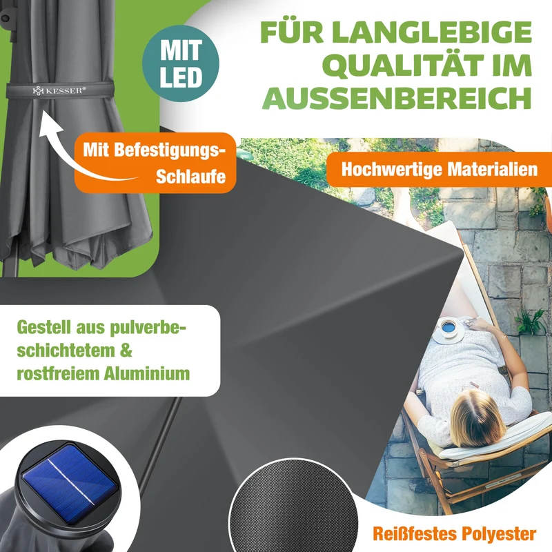 KESSER Sonnenschirm Ampelschirm SUN XL 300 x 300 cm, Anthrazit