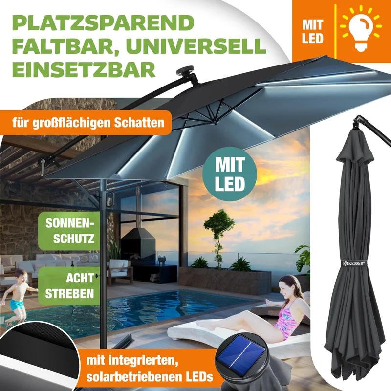 KESSER Ampelschirm rechteckig mit Kurbel 250 x 250 cm Anthrazit