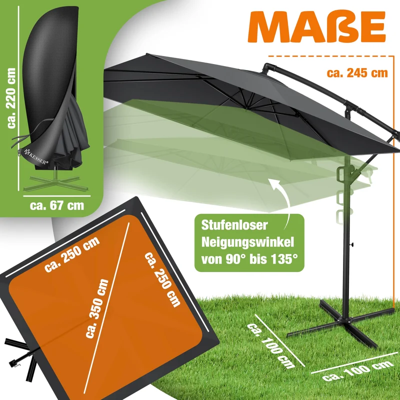 KESSER Sonnenschirm 250x250 cm Kurbelschirm mit UV-Schutz, Anthrazit