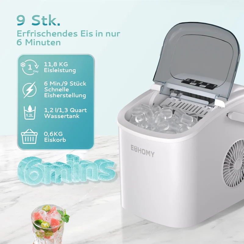EUHOMY Eiswürfelmaschine, 9 Eiswürfel in 6 Minuten, 12 kg/Tag, weiss