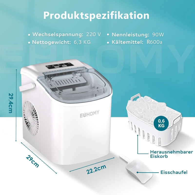 EUHOMY Eiswürfelmaschine, 9 Eiswürfel in 6 Minuten, 12 kg/Tag, weiss