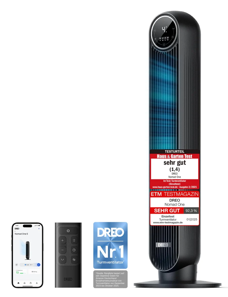 Dreo Nomad One S Turmventilator, App, 90° Oszillation, schwarz