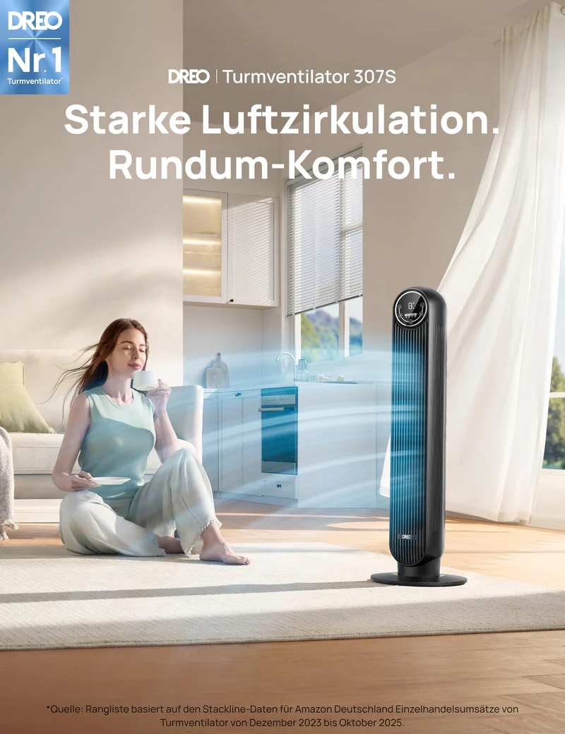 Dreo Nomad One S Turmventilator, App, 90° Oszillation, schwarz