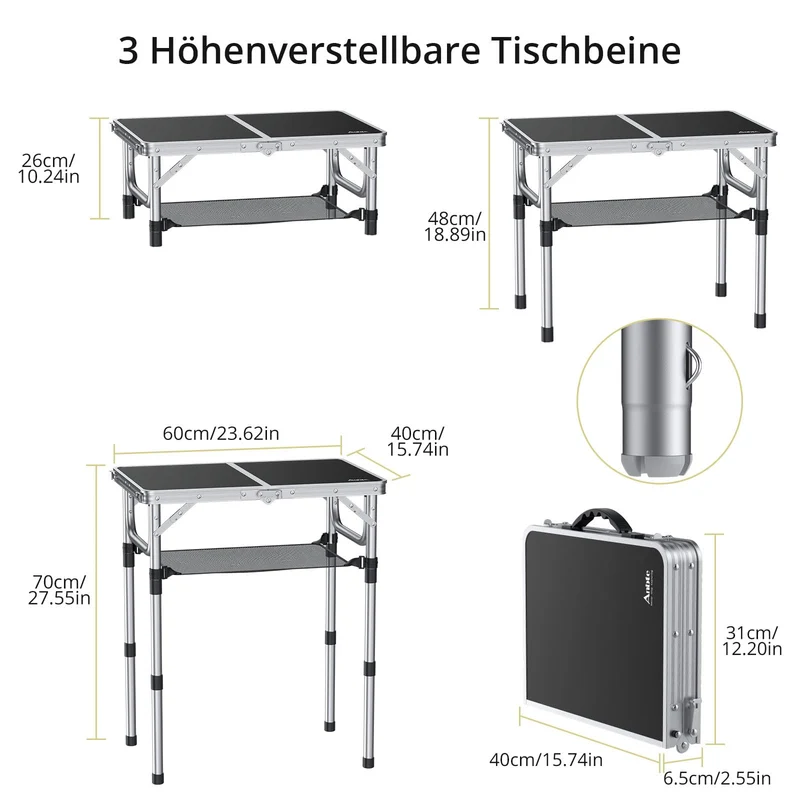 Anbte Campingtisch klappbar 60x40cm, höhenverstellbar, schwarz