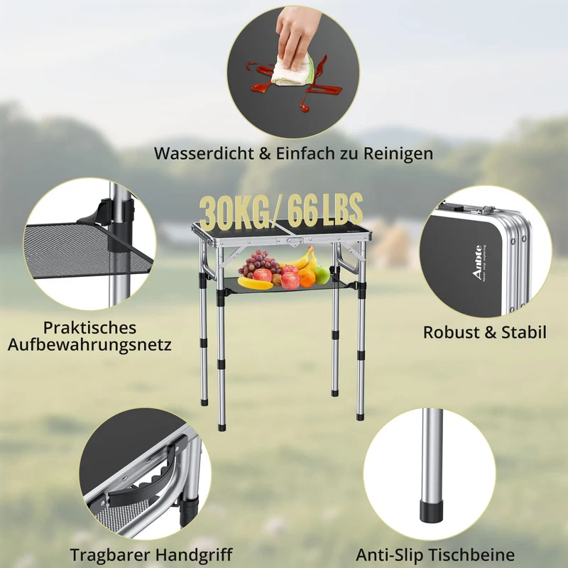 Anbte Campingtisch klappbar 60x40cm, höhenverstellbar, schwarz