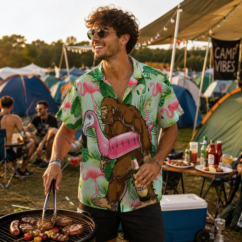 Festival Hemd Herren Monkey Flamingo