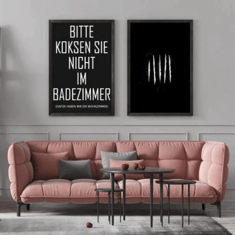 Poster/Plakat SET A3 „Bitte Koksen Sie nicht im Badezimmer - dafür haben wir ein Wohnzimmer“ + "Lines" inkl. Rahmen