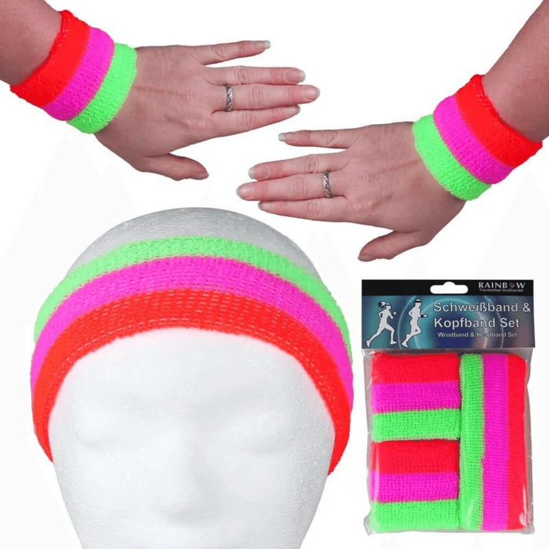Schweißband / Stirnband 3er Set gestreift - Neon Rot Pink Grün
