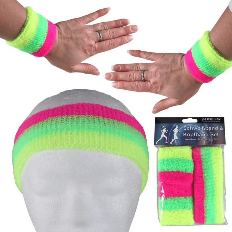 Schweißband / Stirnband 3er Set gestreift - Neon Pink Grün Gelb