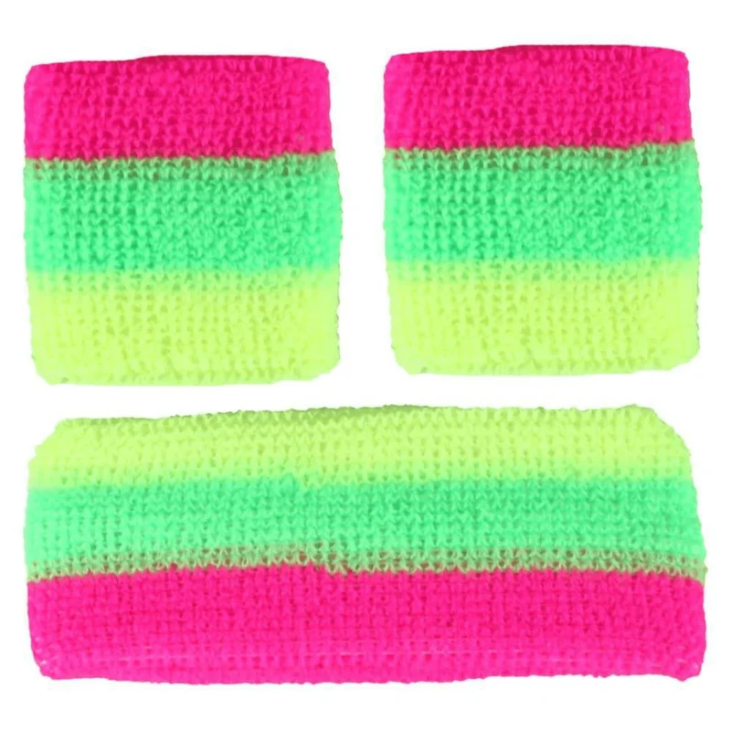 Schweißband / Stirnband 3er Set gestreift - Neon Pink Grün Gelb