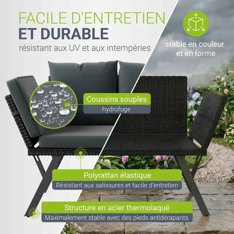 Polyrattan Multifunktionsbank Calvia Schwarz/Grau/Creme