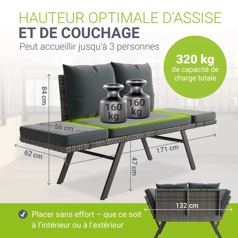 Polyrattan Multifunktionsbank Calvia Schwarz/Grau/Creme